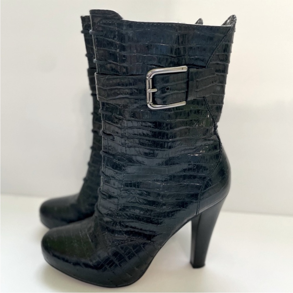 Talbots Simone Alligator Embossed Leather Lace Up Zipper Mid-Calf High Heel Boot